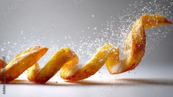 Obraz Golden Curly French Fries with Flying Salt in Dynamic Motion