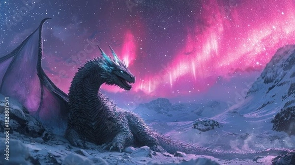 Fototapeta Majestic Dragon Resting Under the Aurora Borealis in a Snowy Landscape.