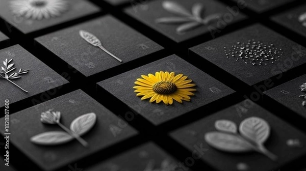 Fototapeta Minimal Black Botanical Panels Featuring a Highlighted Yellow Flower