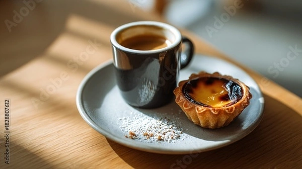 Fototapeta Artisan Coffee and Egg Tart with Soft Natural Light