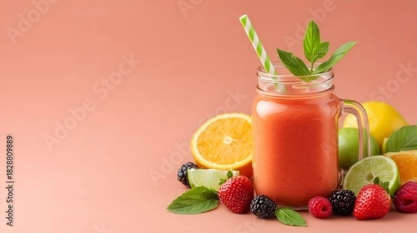 Fototapeta Vibrant fruit smoothie in mason jar with fresh berries and citrus, perfect for healthy lifestyle blogs and refreshing summer recipes, so delicious!