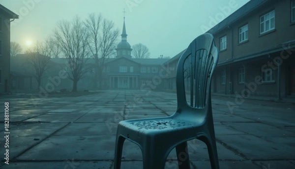 Fototapeta Empty cracked plastic chair in a school courtyard at dawn