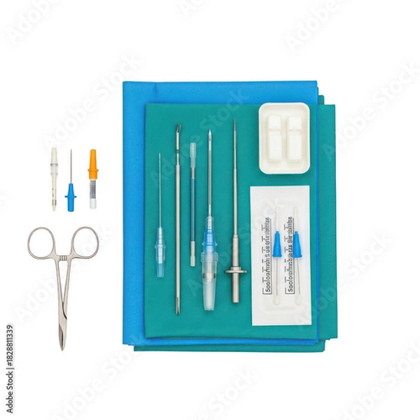 Obraz Medical surgical instruments and sterile drapes for procedures isolated on white background