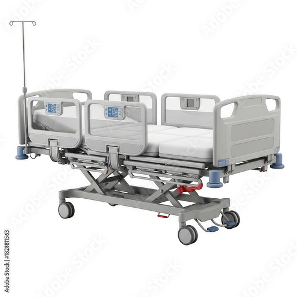 Obraz Modern adjustable hospital bed with iv stand for patient comfort isolated on white background