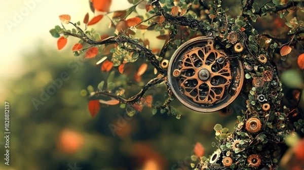 Fototapeta Enchanted Tree of Time - A Steampunk Clockwork Dreamscape in Nature.