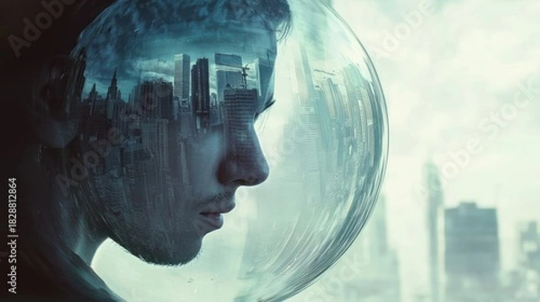 Fototapeta Contemplative Astronaut in Urban Reflection - A Fusion of Space and City.