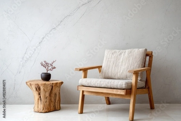 Fototapeta A wooden armchair with a striped cushion sits beside a unique tree stump side table.