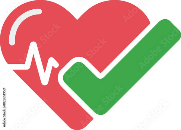 Obraz Health heart vector icon with heartbeat line and green checkmark representing wellness and medical care.