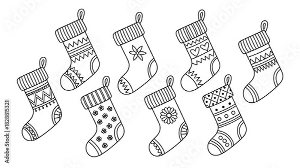 Fototapeta Festive Holiday Celebration with an Array of Christmas Stockings Depicting Classic and Unique Designs Ready to be Filled