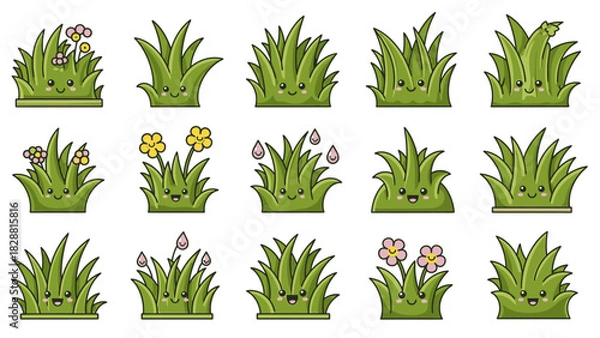 Fototapeta Cartoon Grass Patches Collection with Flowers and Smiling Faces