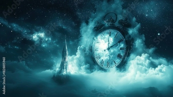 Obraz Surreal Time - Clock Surrounded by Clouds in a Night Sky.