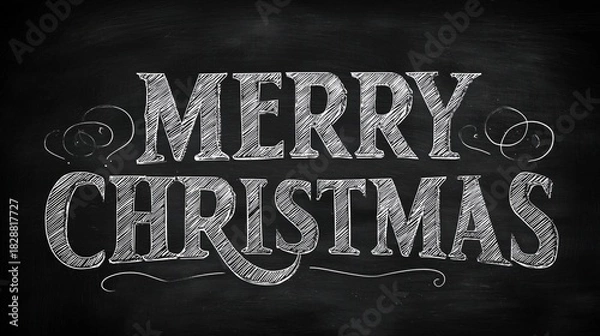 Fototapeta Hand - Drawn Chalk Style Merry Christmas Text on Blackboard Background for Holiday Decor and Greeting Cards