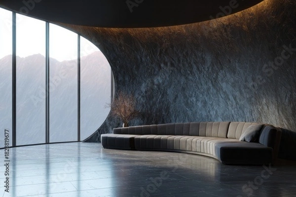 Obraz Modern curved sofa in a room with large windows and mountain view.