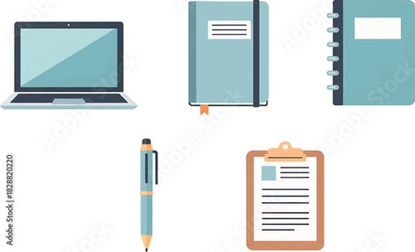 Fototapeta A collection of office supplies including a laptop, notebook, pen, and clipboard, perfect for business and study