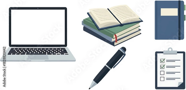 Fototapeta Vector illustration set of modern office and educational supplies for work or study, including a laptop, books, and a planner