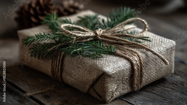 Fototapeta Rustic Burlap-Wrapped Gift with Pine Sprigs and Twine on Wooden Surface for Holiday Decor