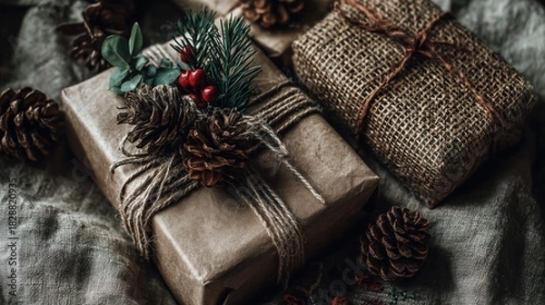 Fototapeta Rustic Christmas Gifts with Pine Cones and Natural Wrapping