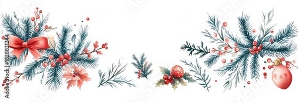 Fototapeta Watercolor Christmas Decorations with Pine Branches, Red Berries, Bow, and Bauble