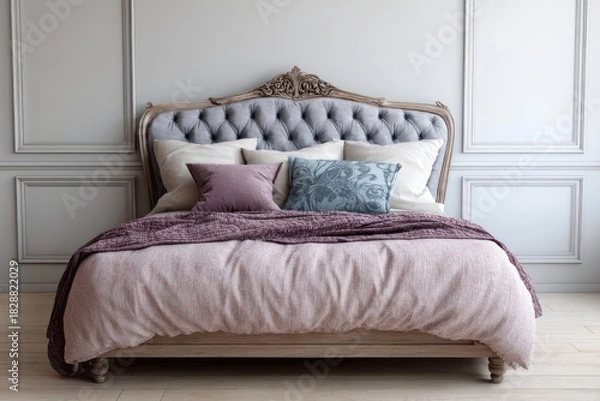 Fototapeta Plush tufted headboard bed with decorative pillows and blanket.