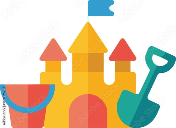 Obraz Sandcastle vector illustration with a bright red bucket and blue shovel for summer beach fun.