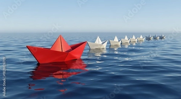 Fototapeta Bright red paper boat leads a long line of white paper boats sailing across a calm blue ocean under a clear sky