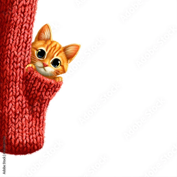 Obraz Cartoon Cat in a Giant Red Wool Sock, Isolated on White Background 