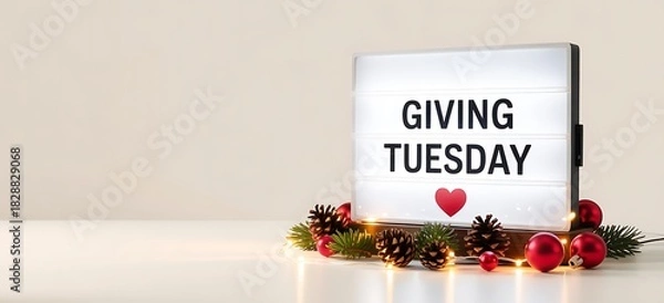 Fototapeta Illuminated lightbox displaying giving tuesday with a red heart symbol surrounded by festive christmas decorations and warm lights