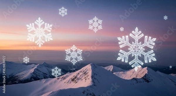 Fototapeta Serene Nature Background: Snowcapped Peaks, Twilight Sky, and Stylized Snowflake Pattern