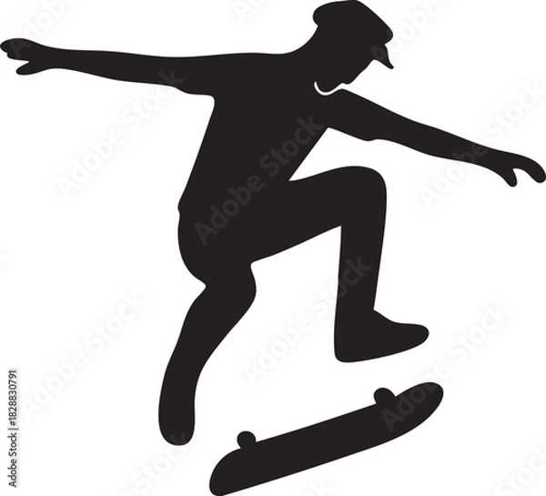 Fototapeta Skateboard Silhouette: A dynamic black silhouette of a skateboarder executing a daring trick, embodying the essence of street culture and urban athleticism.