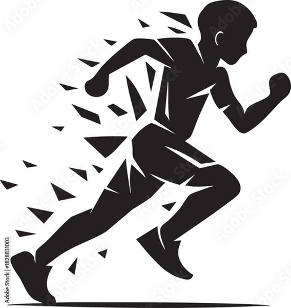 Fototapeta Dynamic Runner: A silhouette of a determined athlete embodies speed and motion, with shards of energy trailing behind, illustrating the relentless pursuit of excellence.
