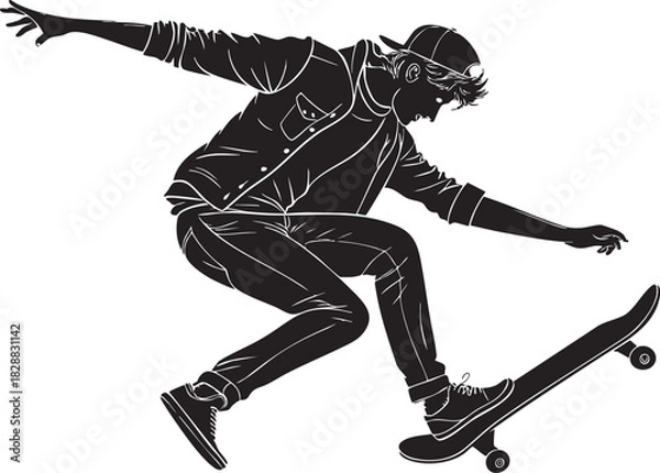 Fototapeta Dynamic Skateboarding Silhouette: A young individual executes a mid-air maneuver, capturing the energy of skateboarding and the art of urban lifestyle.