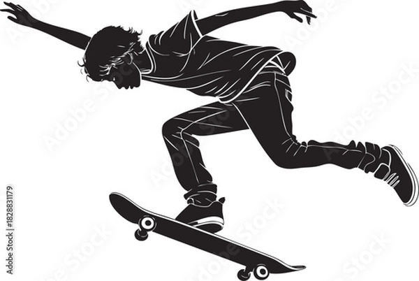 Fototapeta Dynamic Skateboarder Silhouette: Capturing the energy of youth as a skateboarder performs a daring trick, silhouetted against a plain background, creating a sense of motion and freedom.