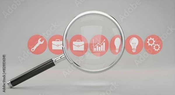 Fototapeta Magnifying glass focusing on business icons representing growth, ideas, and tools for analysis and research.