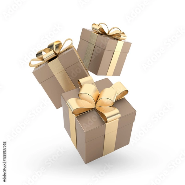Fototapeta 3D Gold Gift Boxes with Golden Ribbons Isolated on Transparent Background