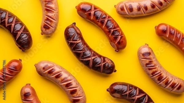 Fototapeta Assorted Grilled Sausages Overhead on Yellow Background, BBQ, Delicious