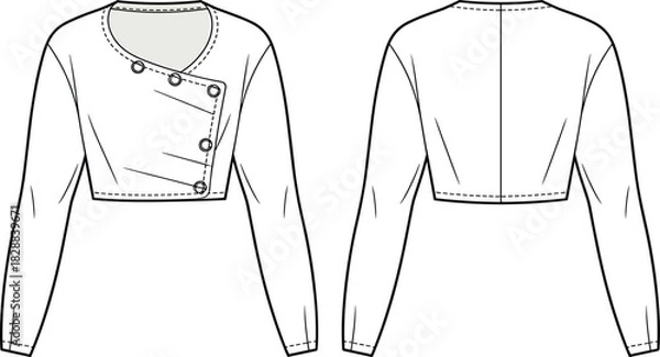 Obraz Vector technical flat of cropped asymmetrical double-breasted jacket with diagonal button placket, long sleeves, topstitching, front and back views illustration