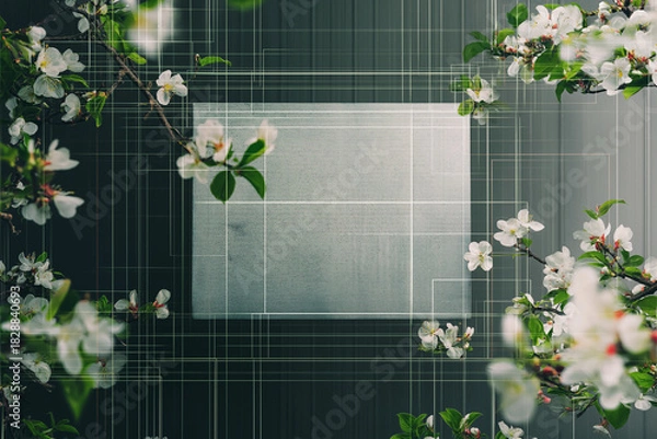 Fototapeta A sleek modern Technical Difficulties screen with minimalist glitch effects, Spring background with slate board and flowers