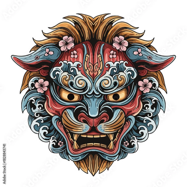 Obraz Traditional Japanese Guardian Lion (Foo Dog) head vector illustration with cherry blossoms