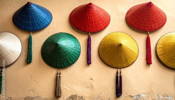 Obraz Colorful Vietnamese Conical Hats Arranged in Artistic Pattern on Beige Background