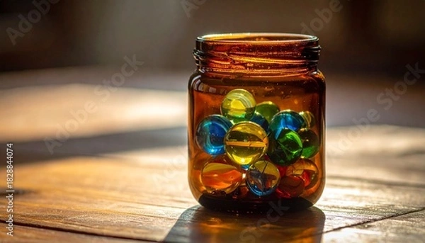Obraz Brown Glass Jar with Colorful Marbles on Wooden Surface Illuminated by Sunlight