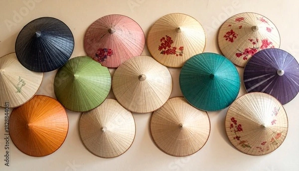Obraz Colorful Vietnamese Conical Hats Arranged in Artistic Pattern on Beige Background