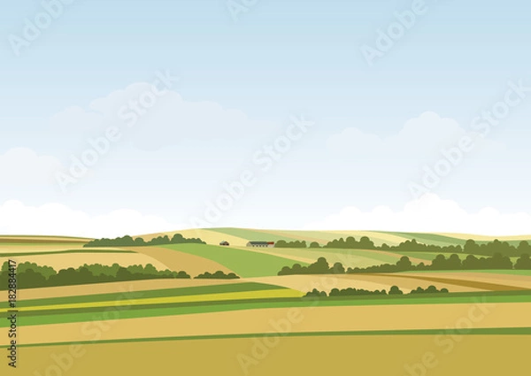 Obraz Krajobraz zielonego wzgórza. Ilustracja wektorowa krajobrazu pola panoramy i chmur nieba