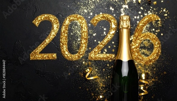 Fototapeta Champagne Bottle with Golden 2026 Balloons and Confetti on Dark Surface for New Year Celebration