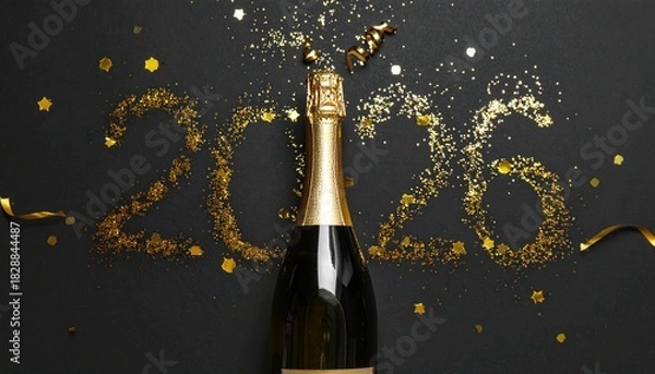 Obraz Champagne Bottle with Golden 2026 Balloons and Confetti on Dark Surface for New Year Celebration