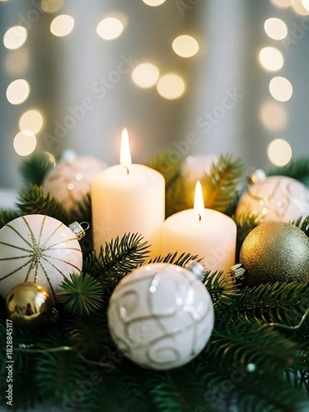 Fototapeta Warm Christmas Bokeh Photography with Two Advent Candles, Evergreen Branches, White and Gold Ornaments, Soft Focus Glow, Shallow Depth of Field, Elegant Holiday Scene with Magical Candlelight
