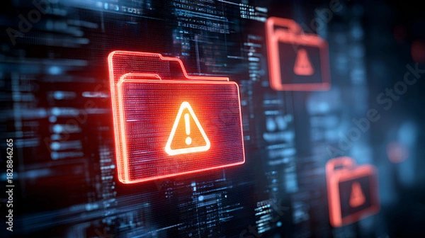 Obraz Cybersecurity file breach concept. Digital document and folder warning alert with error, malware attack, data corruption, and information loss through system vulnerability. 