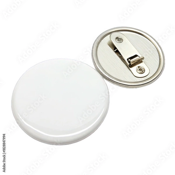 Obraz Blank white round badge with metal clip attachment on transparent background