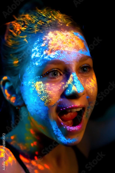 Fototapeta Portrait of a woman with neon UV paints on her face and body. Concept of bright art makeup, fluorescent colors, modern art, and creative visual aesthetics.