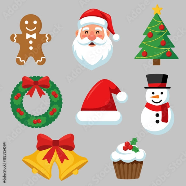 Obraz Set of flat Christmas holiday characters and festive icons