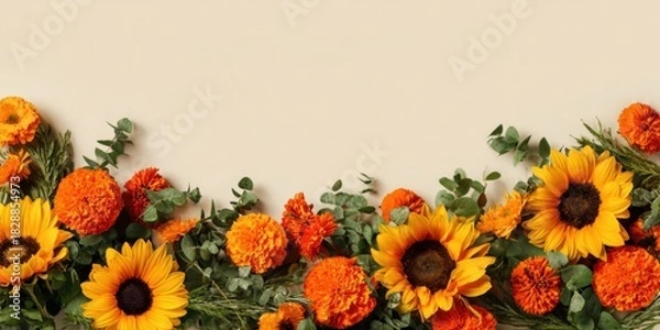 Obraz Bright sunflowers and marigolds arranged on a light background